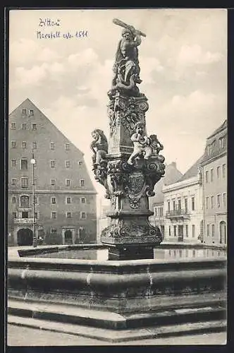 AK Zittau, Herkulesbrunnen auf der Neustadt, mit Marstall