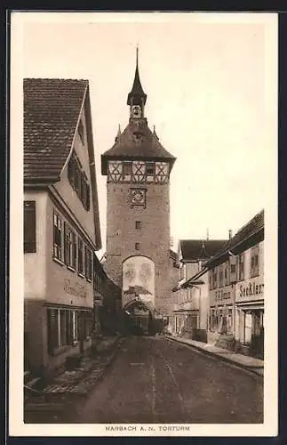 AK Marbach a. N., Strassenpartie mit Torturm