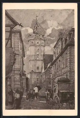 Künstler-AK Ansbach / Bayern, Utzstrasse mit Kirchturm