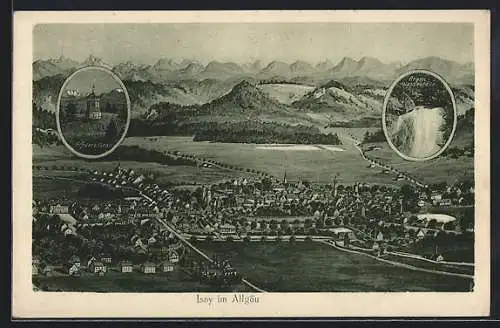 AK Isny im Allgäu, Schwarzer Grat, Argen-Wasserfälle, Gesamtansicht mit Bergpanorama