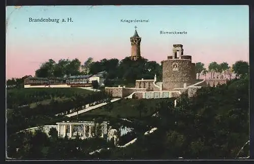 AK Brandenburg a. H., Kriegerdenkmal und Bismarckwarte aus der Vogelschau