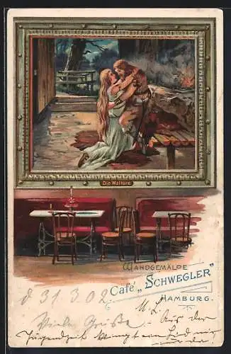 Lithographie Hamburg, Cafe Schwegler, Gänsemarkt, Innenansicht, Gemälde Die Walküre