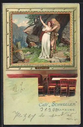 Lithographie Hamburg-Uhlenhorst, Café Schwegler, Siegfried-Gemälde im Salon