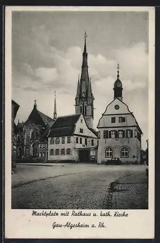 AK Gau-Algesheim a. Rh., Marktplatz mit Rathaus und katholischer Kirche