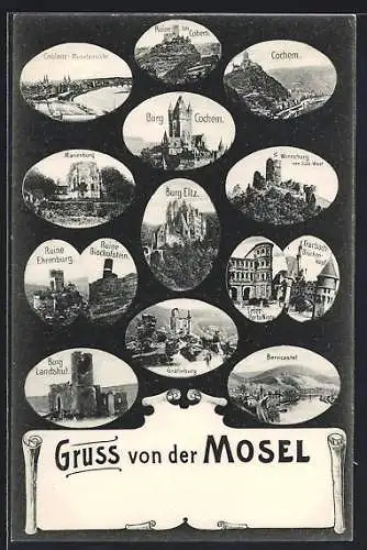 AK Koblenz, Moselansicht des Ortes, Burgruine, Ruine Ehrenburg & Bischofstein