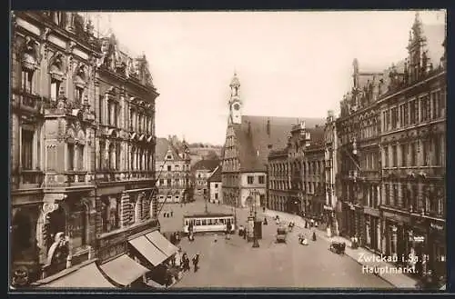 AK Zwickau, Partie in der Hauptstrasse mit Strassenbahn