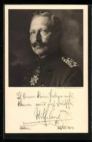 AK Kaiser Wilhelm II. in Uniform mit Orden, Text, 1914