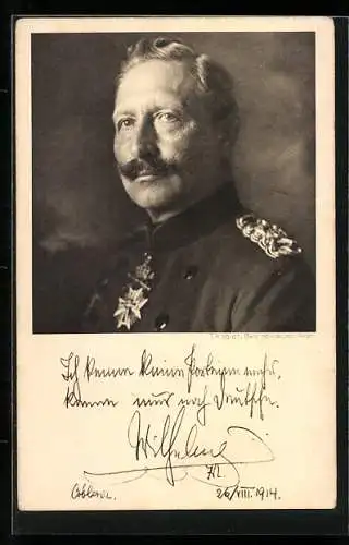 AK Kaiser Wilhelm II. in Uniform mit Orden, Text, 1914