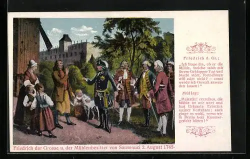 AK König Friedrich II. (der Grosse) und Mühlenbesitzer v. Sanssouci im Disput, 1745