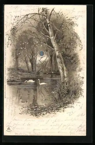 Lithographie Idyllischer See mit Schwänen