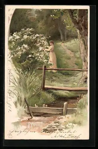 Sonnenschein-AK Frau im Wald bei Baumblüte