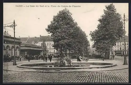 AK Gand, La Gare du Sud et la Place du Comte de Flandre