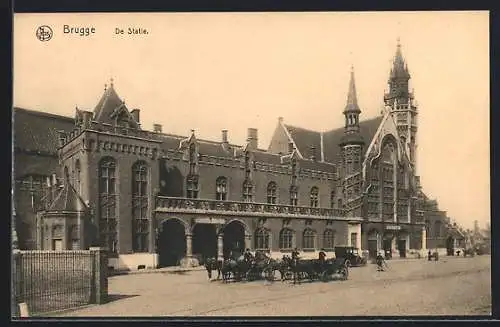 AK Bruges, La gare, Pferdekutschen stehen vor dem Bahnhof