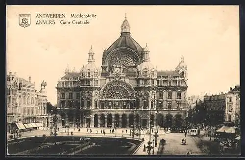 AK Antwerpen / Anvers, Middenstatie, Gare centrale, Bahnhof, Strassenbahn