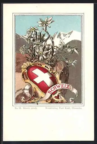 Künstler-AK Schweiz, Wappen mit Edelweiss und Alpen im Hintergrund