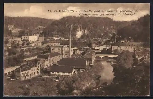 AK Luxembourg, L`Alzette coulant dans le faubourg de Clausen avec les rochers de Mansfeld