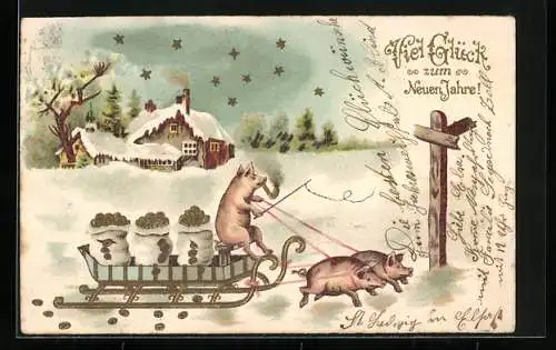 AK Schweine ziehen einen mit Geldsäcken beladenen Schlitten, Neujahrsgruss