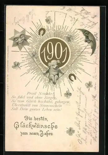 AK Jahreszahl 1901, Schwein schaukelt auf einer von Mond und Stern gehaltenen Leine, Hufeisen, Kleeblätter