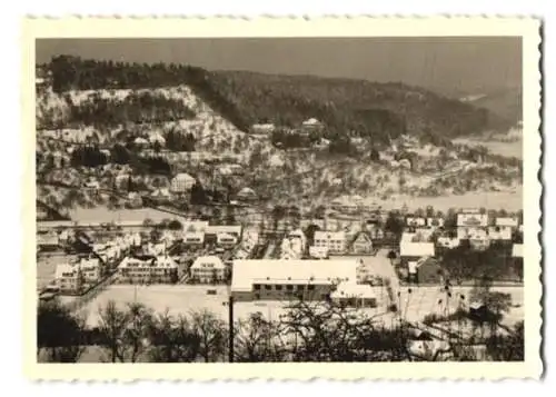 4 Fotografien unbekannter Fotograf, Ansicht Murrhardt, Stadtplatz mit Sparkasse, Strassenansicht, Panorama, Schäfer