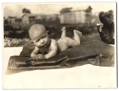 Fotografie Baby auf Decke liegend, Teddy, Teddybär, Teddybear