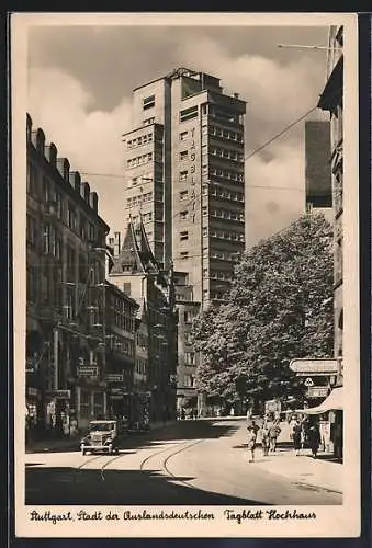 AK Stuttgart, Strassenpartie am Tagblatt-Hochhaus