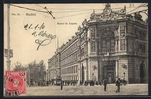 AK Madrid, Banco de Espana, Strassenbahn