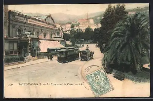 AK Monte-Carlo, Strassenbahn und Kutsche am Restaurant de Paris