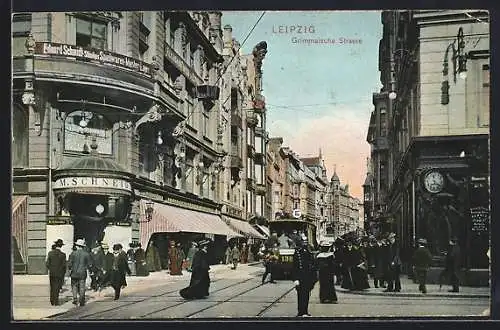 AK Leipzig, Strassenbahn auf der Grimmaischen Strasse