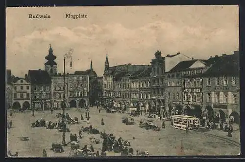 AK Budweis, Ringplatz mit Strassenbahn