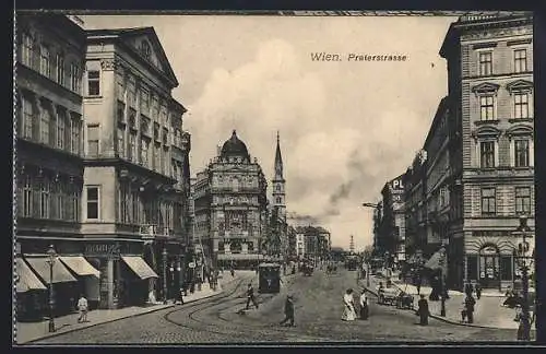 AK Wien, Praterstrasse mit Geschäften und Strassenbahn