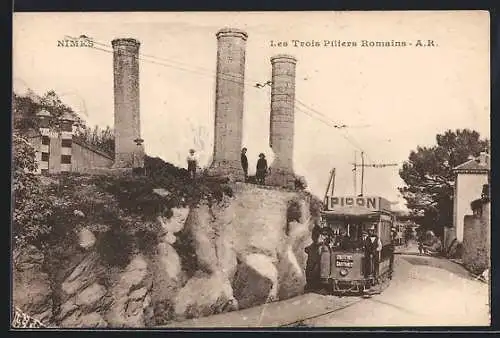 AK Nimes, Les Trois PIliers Romains, Strassenbahn