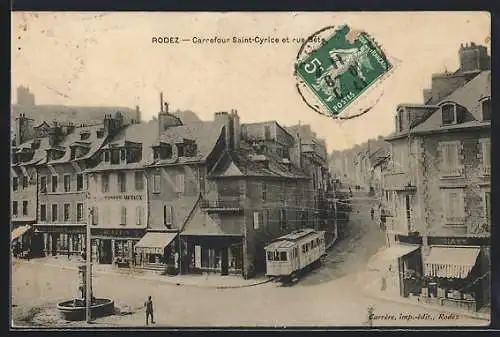 AK Rodez, Carrefour Saint-Cyrice et rue Béte, Strassenbahn