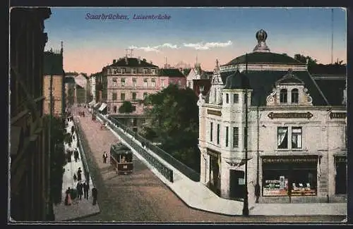 AK Saarbrücken, Strassenbahn auf der Luisenbrücke, Leonhard Bauer`s Havanna-Haus