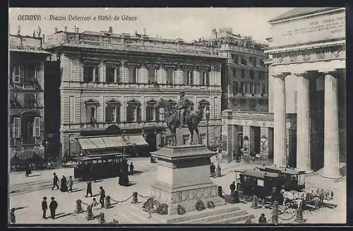 AK Genova, Piazza Deferrari e Hôtel de Gênes, Strassenbahn