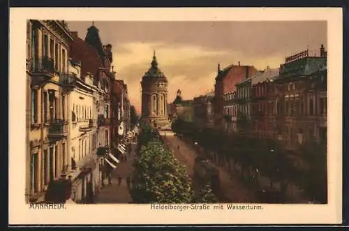 AK Mannheim, Heidelberger-Strasse mit Strassenbahn und Wasserturm