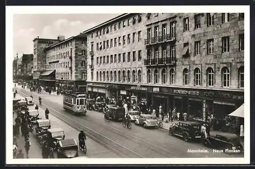 AK Mannheim, Neue Planken, Strassenbahn