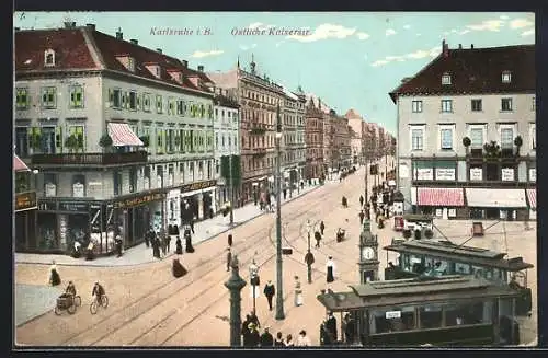 AK Karlsruhe, Strassenbahn auf der östlichen Kaiserstrasse