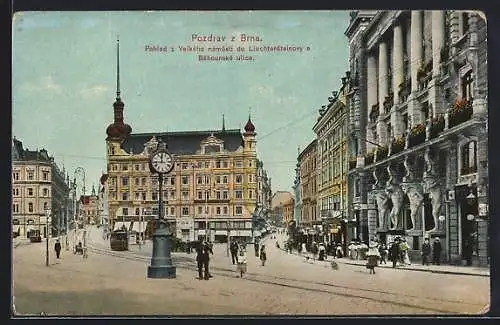 AK Brno, Pohled z Velkého námesti do Liechtensteinovy a Behounské ulice, Strassenbahn