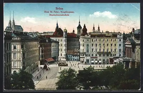 AK Brünn, Krapfengasse mit Strassenbahn, Dom St. Peter