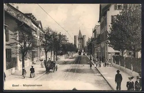 AK Basel, Missionstrasse mit Strassenbahn