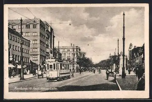 AK Hamburg-St. Pauli, Strasse Reeperbahn mit Geschäften und Strassenbahn