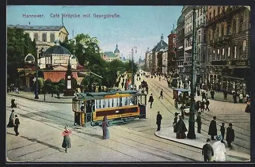 AK Hannover, Café Kröpcke mit Georgstrasse und Strassenbahn