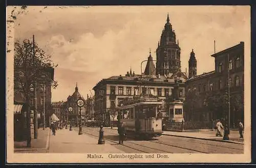 AK Mainz, Gutenbergplatz und Dom mit Strassenbahn