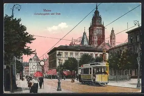 AK Mainz, Strassenbahn am Gutenbergplatz und Dom