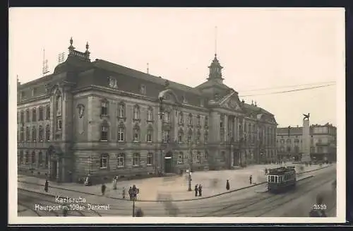 AK Karlsruhe, Strassenbahn vor der Hauptpost m. 109er Denkmal