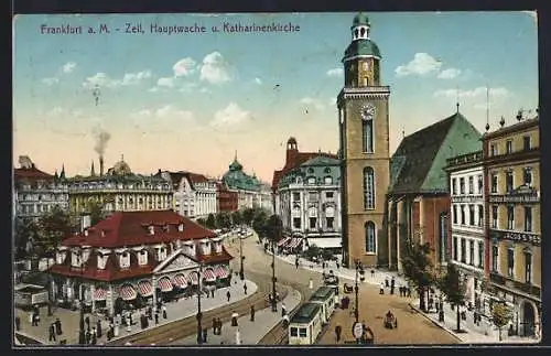 AK Frankfurt a. M., Zeil, Hauptwache u. Katharinenkirche, Strassenbahn