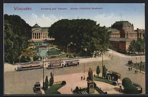 AK Wiesbaden, Strassenbahn vor Kurhaus und Theater