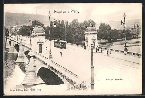 AK Prag, Kaiser Franzens-Brücke mit Strassenbahn