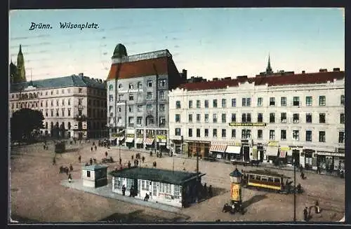 AK Brünn, Wilsonplatz mit Strassenbahn