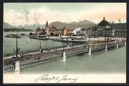 AK Luzern, Strassenbahn auf der Seebrücke, Bahnhof, Dampfer